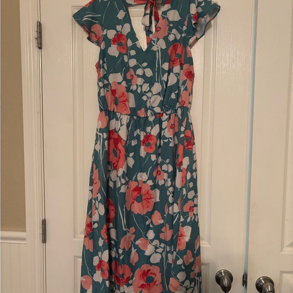 Adrianna Papell Teal and Coral Floral Midi Dress